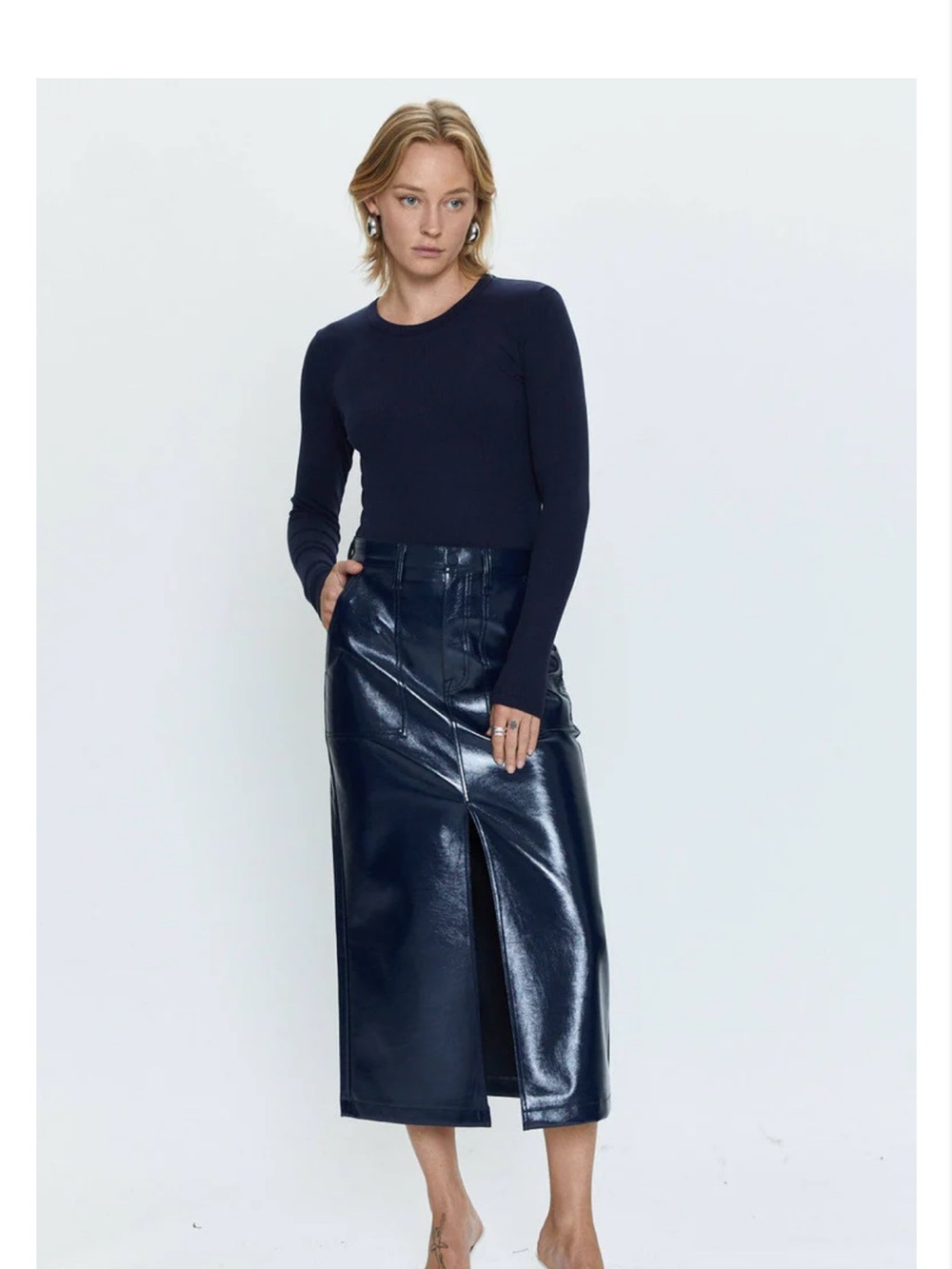 Vegan Leather Midi Skirt with Front Slit - Navy
